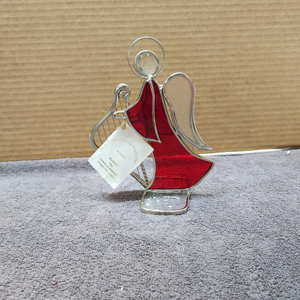 Glasglo Stained glass Angel with harp tea light holder NWT T